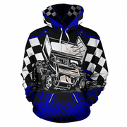 A pullover hoodie featuring a detailed graphic of a race sprint car with a checkered flag in the background, set against a plain white studio backdrop.