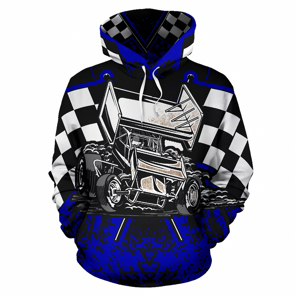 A pullover hoodie featuring a detailed graphic of a race sprint car with a checkered flag in the background, set against a plain white studio backdrop.