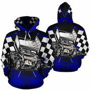 A 3D mockup showing the front and back views of a black, blue, and white graphic hoodie. The hoodie features a detailed illustration of a sprint car on the front, with a black and white checkered pattern on the sleeves and hood, and a blue patterned lower half.