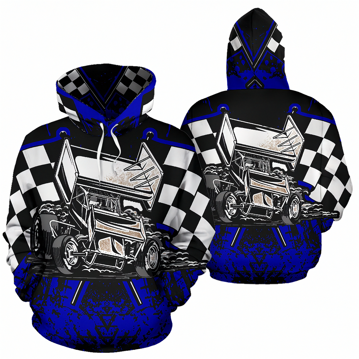 A 3D mockup showing the front and back views of a black, blue, and white graphic hoodie. The hoodie features a detailed illustration of a sprint car on the front, with a black and white checkered pattern on the sleeves and hood, and a blue patterned lower half.