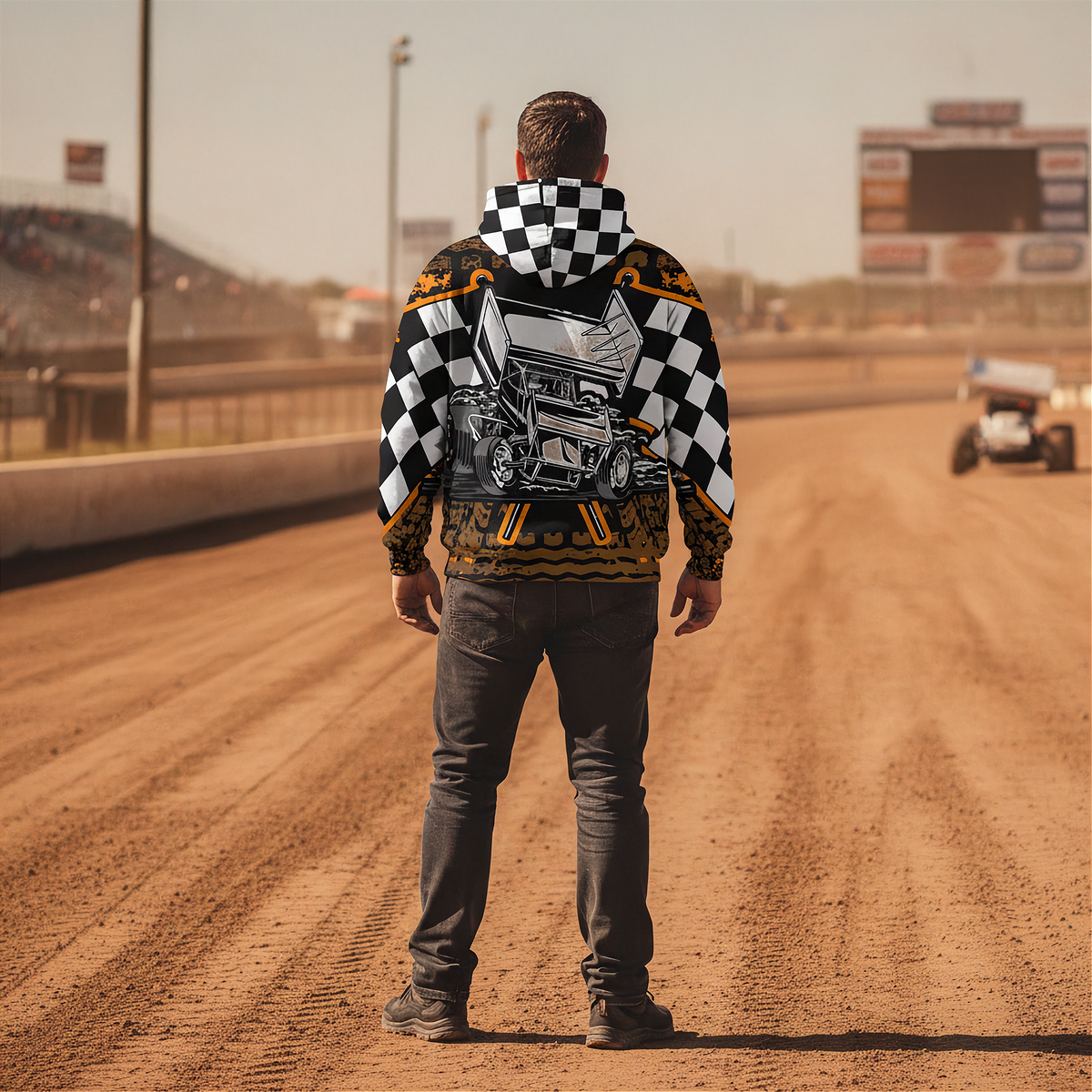 A man stands on a dirt racetrack facing away from the camera, wearing a black and white checkered hoodie with a large hot rod car graphic on the back, dark gray jeans, and black shoes. A race car is visible in the distance on the track.