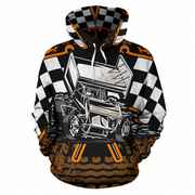 A pullover hoodie featuring a detailed graphic of a race sprint car, checkered flag panels on the sleeves, and a distressed brown mud-splatter pattern on the lower front, with orange and black accents.