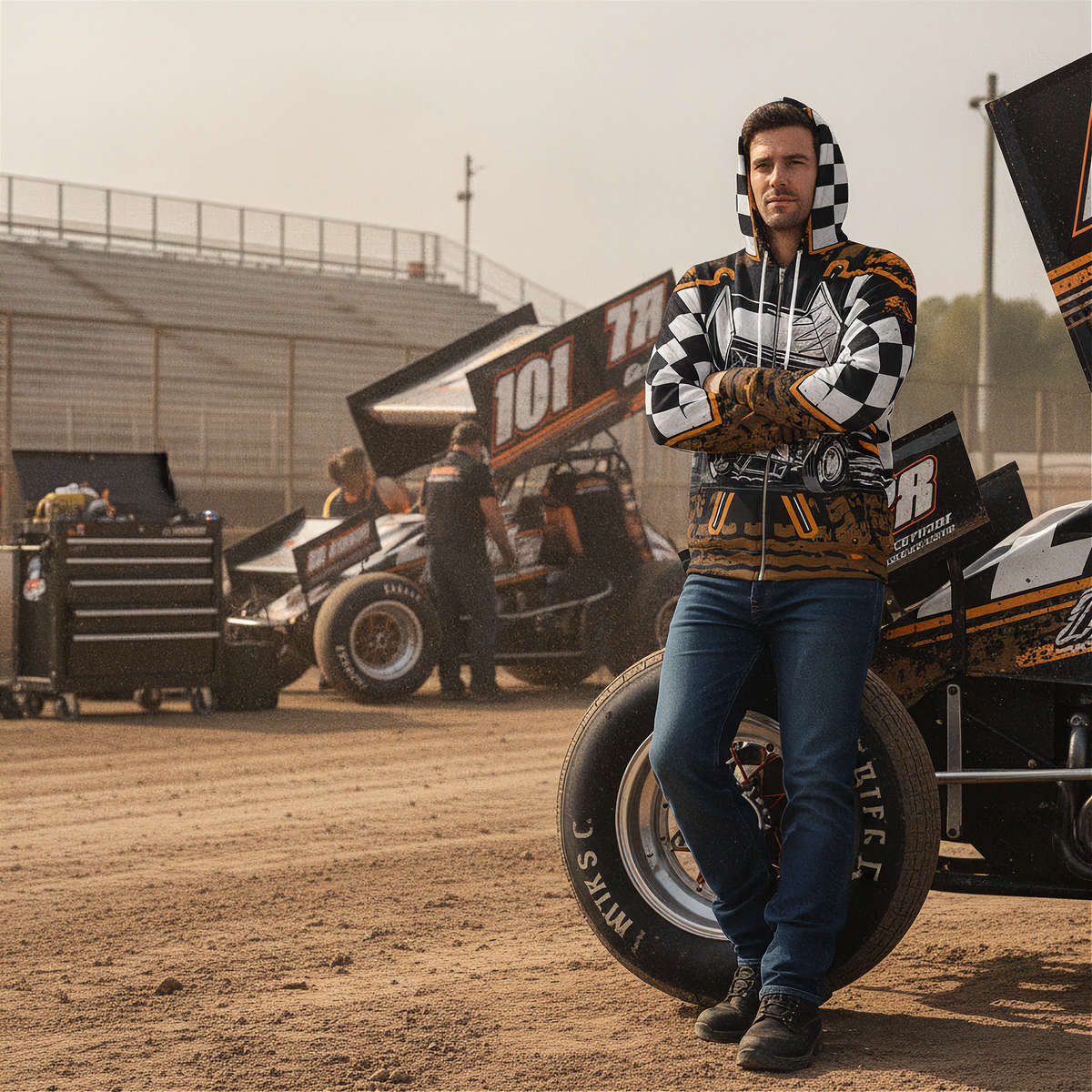 A man stands in a dirt track pit area wearing a black, white, and orange checkered hoodie with a tiger stripe pattern, blue jeans, and black shoes, with race cars and equipment visible in the background.