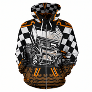 A pullover hoodie featuring a detailed graphic of a race sprint car, checkered flag panels on the sleeves, and a distressed brown mud-splatter pattern on the lower front, with orange and black accents.