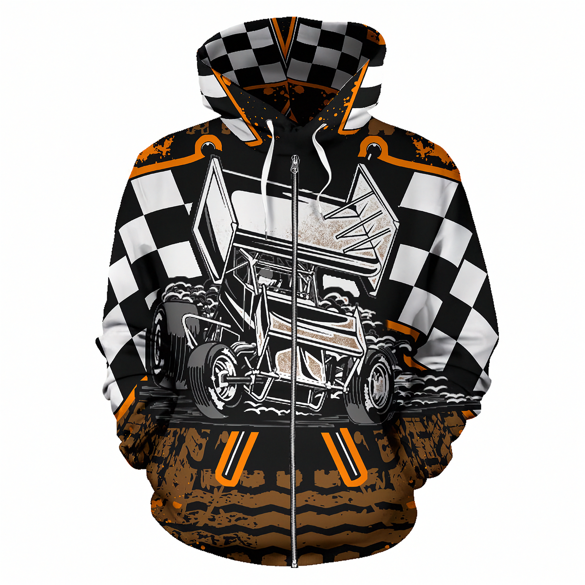 A pullover hoodie featuring a detailed graphic of a race sprint car, checkered flag panels on the sleeves, and a distressed brown mud-splatter pattern on the lower front, with orange and black accents.