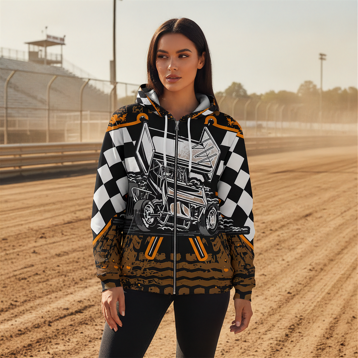 A woman stands on a dirt racetrack wearing a zip-up hoodie with a bold racing graphic. The hoodie features a black-and-white checkered pattern on the sleeves, a detailed race car illustration on the front, and orange and black graphic accents near the hem.