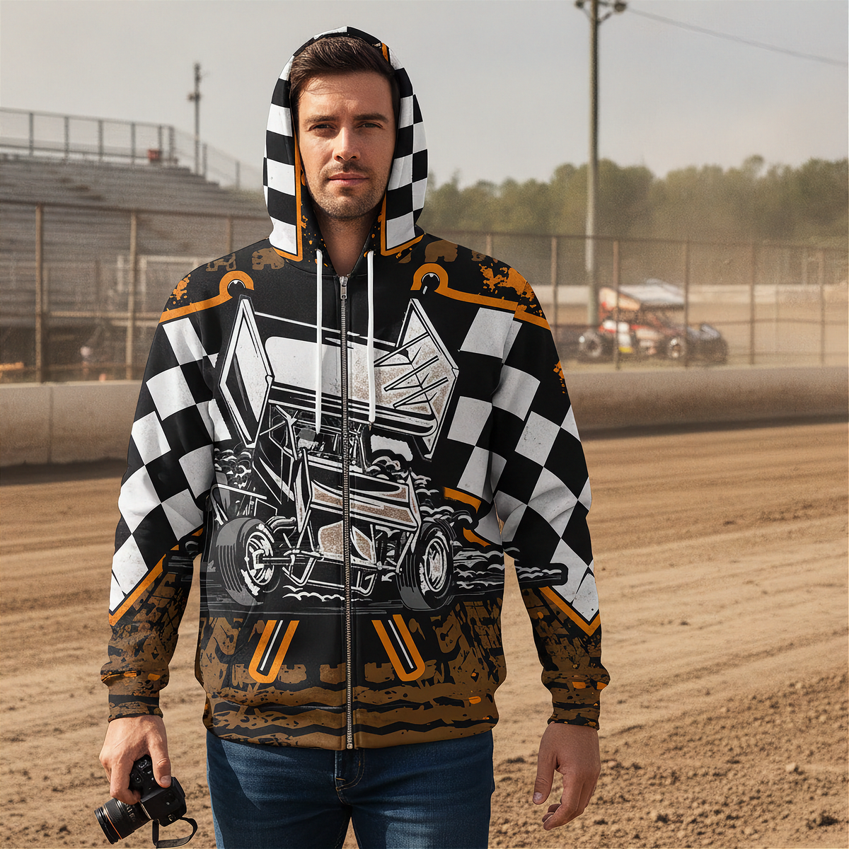 A man wearing a zip-up hoodie with a graphic of a race truck and a black-and-white checkered pattern, standing on a dirt racetrack with a fence and bleachers in the background.
