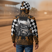 A person viewed from behind wearing a hooded sweatshirt with a detailed graphic print. The hoodie features a black and white checkered hood, a large vintage race car illustration on the back, and orange, black, and white racing-themed graphics.