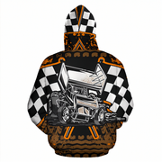 A hooded sweatshirt shown from the back, featuring a large graphic print of a sprint car with a checkered flag pattern and orange splatter details on a white background.