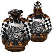 Front and back views of a pullover hoodie featuring a detailed race car graphic, black and white checkered patterns on the hood and shoulders, and a brown distressed mud-splatter design at the bottom.