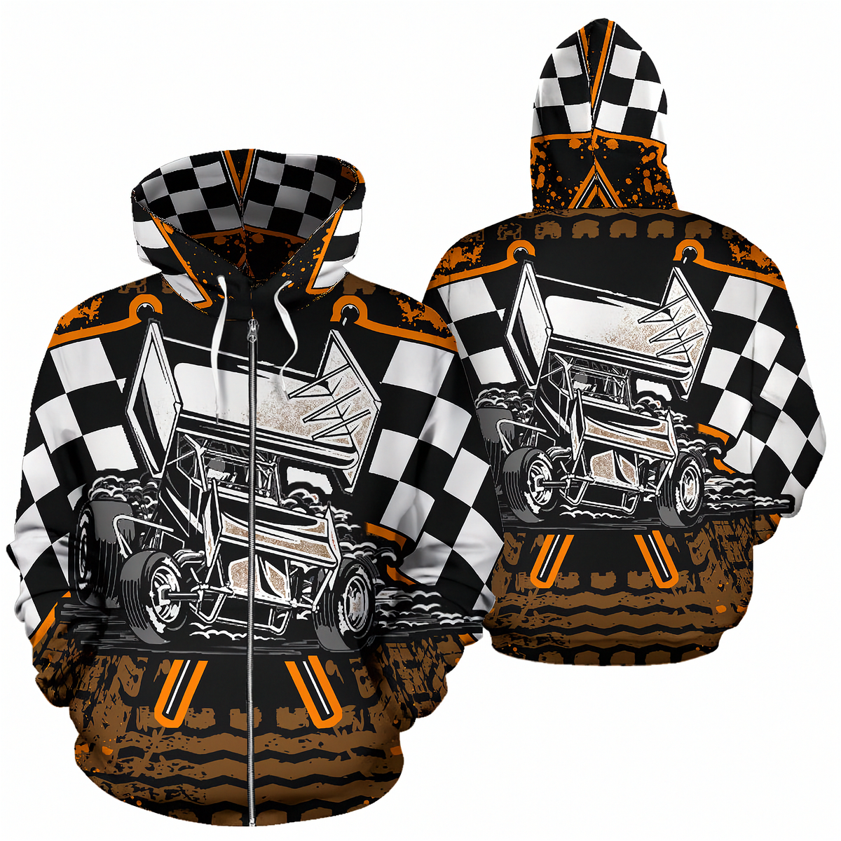 Front and back views of a pullover hoodie featuring a detailed race car graphic, black and white checkered patterns on the hood and shoulders, and a brown distressed mud-splatter design at the bottom.