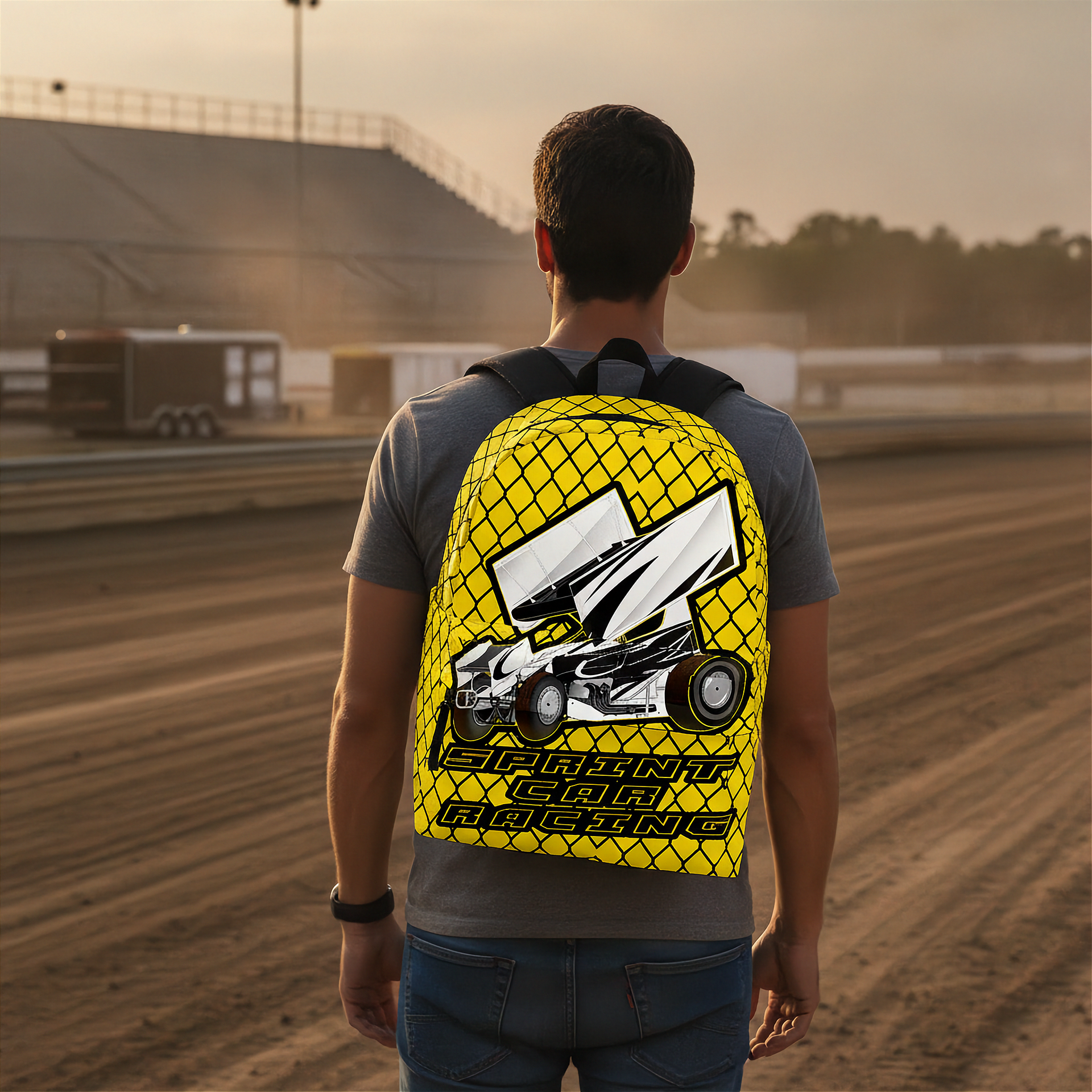 A man viewed from behind wearing a bright yellow backpack with a large white and black race car graphic and the words 'SPRINT CAR RACING' on the back, standing on a dirt racetrack at sunset.