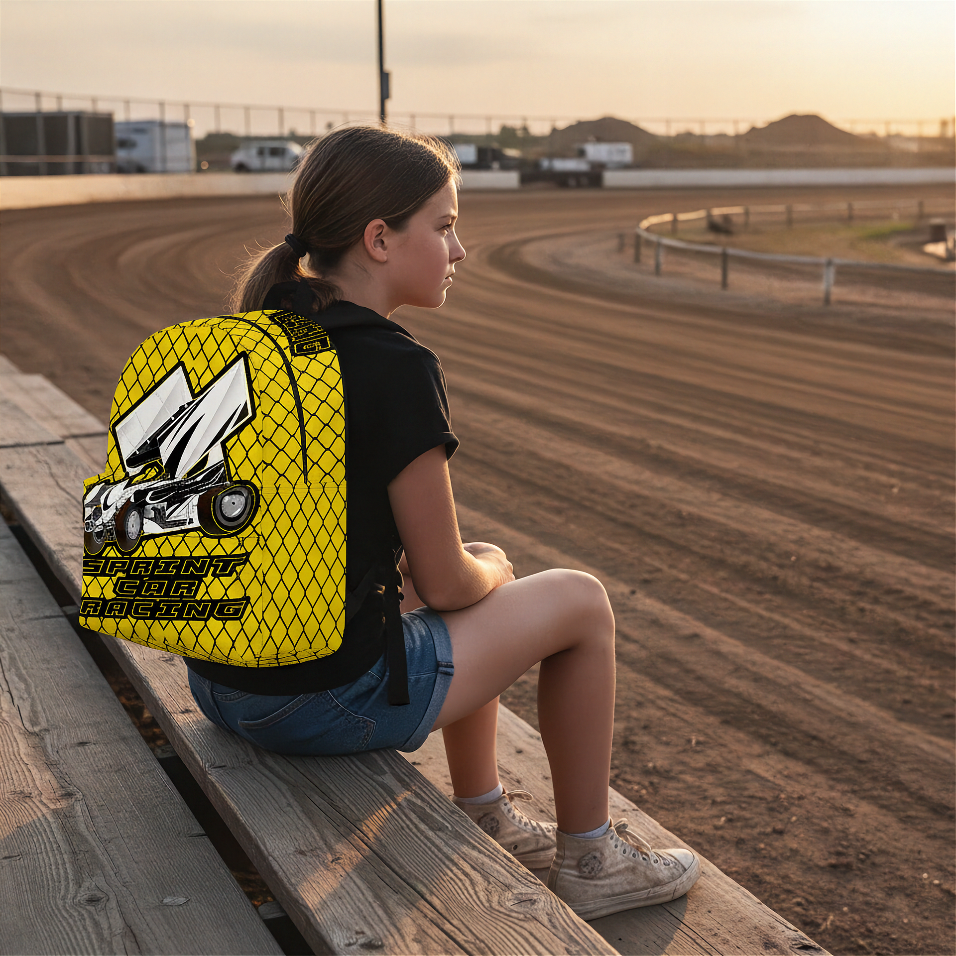 A girl sits on a wooden track bench at a dirt racing track at sunset, wearing a bright yellow and black mesh-patterned backpack with a large white and black racing car graphic and the words 'Sprint car Racing.'.