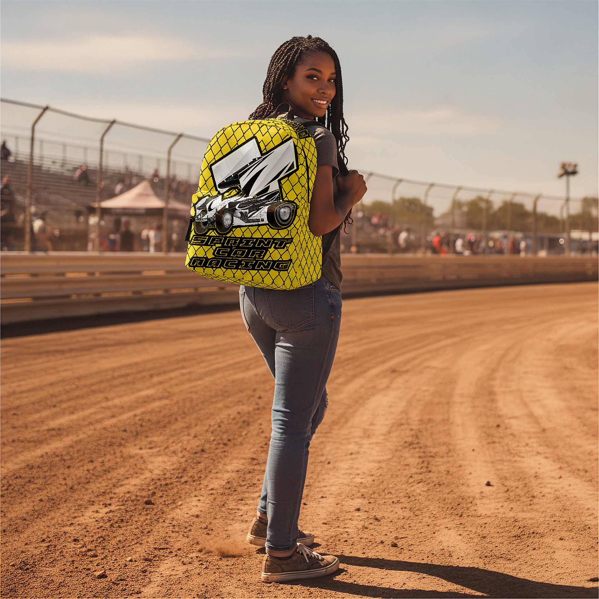 A woman stands on a dirt racetrack wearing a bright yellow and black patterned backpack with a large racing car graphic and the text 'Spring Car Racing'.