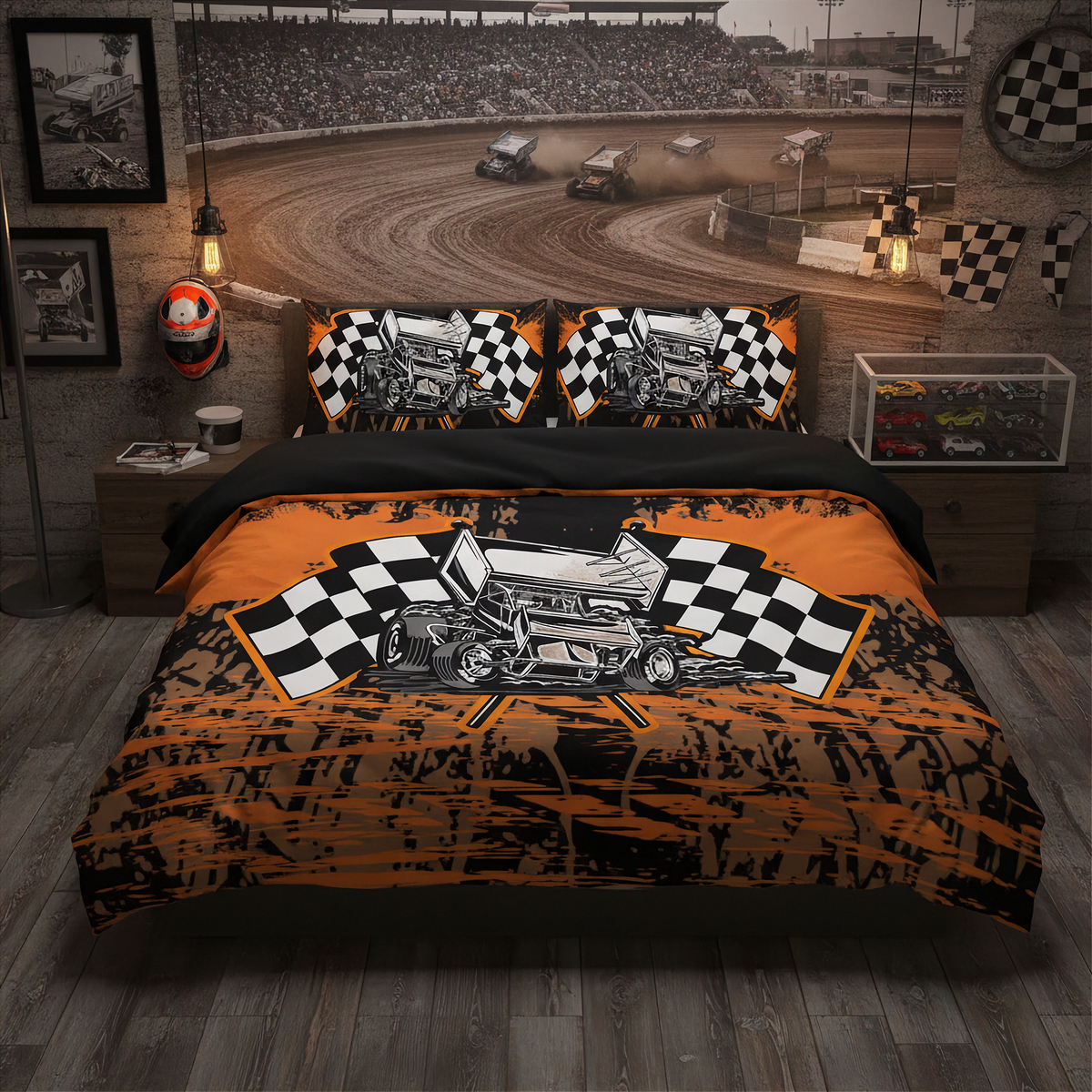 A racing-themed bedding set displayed on a bed in a styled bedroom. The set includes a duvet cover and two matching pillowcases featuring a hot rod race car graphic over a black-and-orange checkered flag design, set against a dirt track racetrack background.