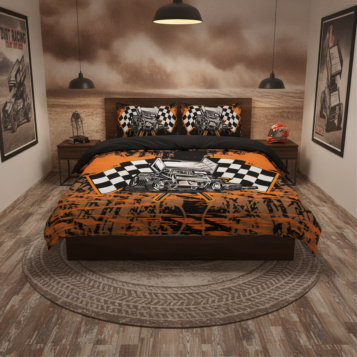 A racing-themed bedding set displayed on a bed in a styled bedroom. The set includes a duvet cover and two matching pillowcases featuring a black and orange dirt track pattern with a hot rod car graphic and checkered flags.