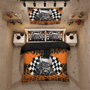 A top-down bedroom scene showing a bedding set with a race car and checkered flag graphic, including a duvet cover and two matching pillowcases, styled in a textured room with shelves and toy cars.