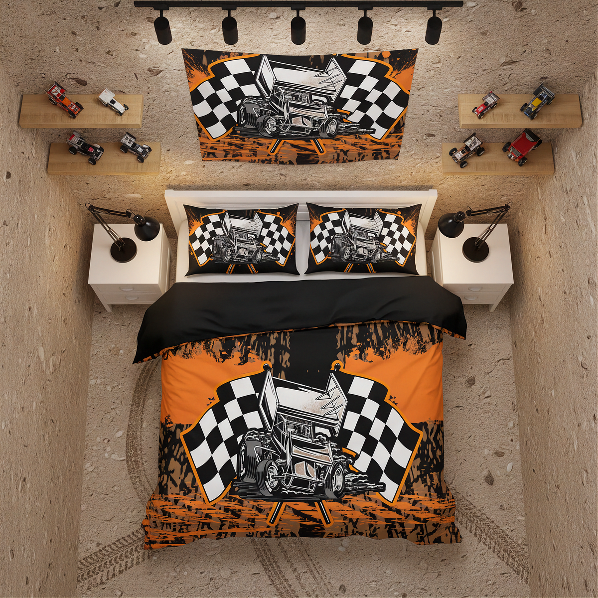 A top-down bedroom scene showing a bedding set with a race car and checkered flag graphic, including a duvet cover and two matching pillowcases, styled in a textured room with shelves and toy cars.