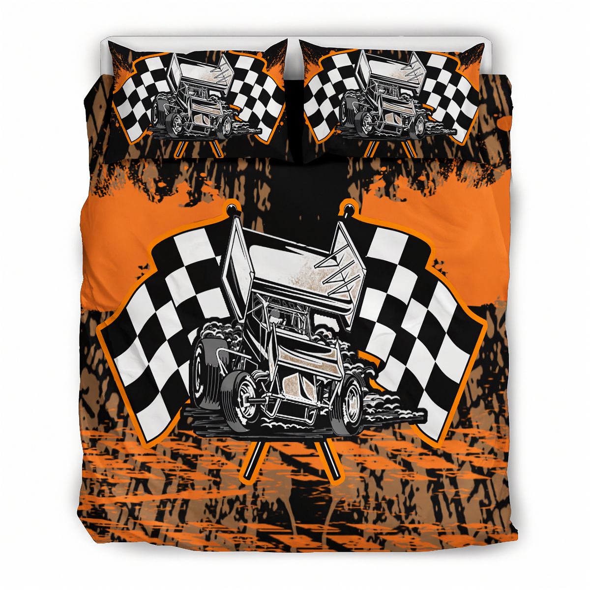 A racing-themed bedding set featuring a duvet cover and two pillowcases with a graphic print of a sprint car between two black-and-white checkered flags on an orange and black splattered background.