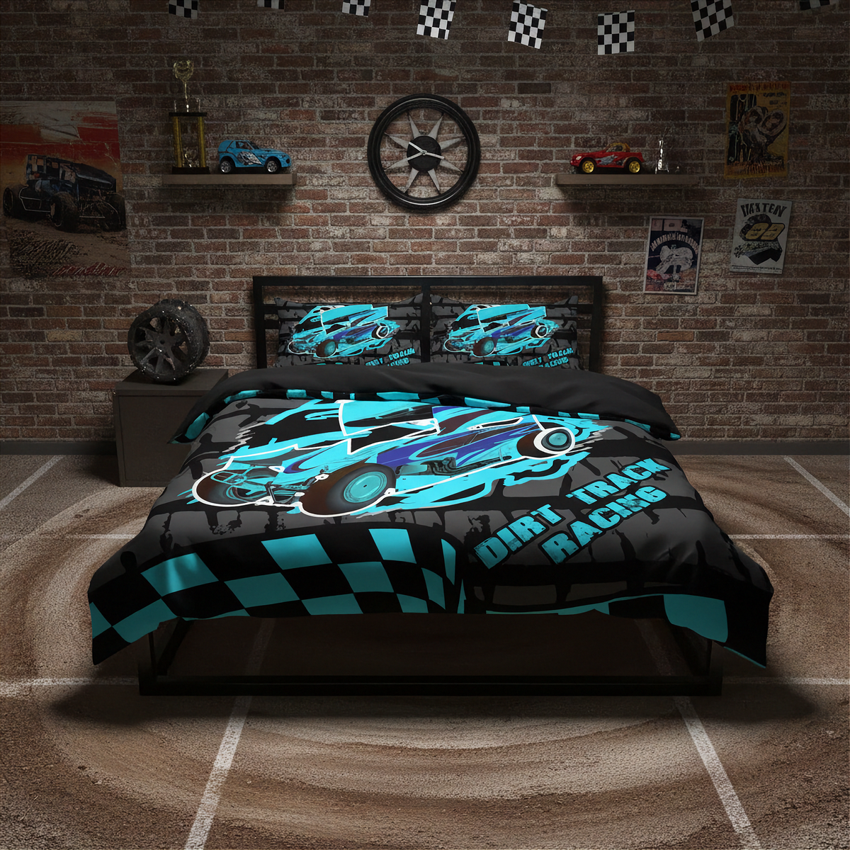 A bed dressed in a black and turquoise dirt track racing themed comforter set, shown in a themed bedroom with a brick wall, racing posters, and a dirt floor.