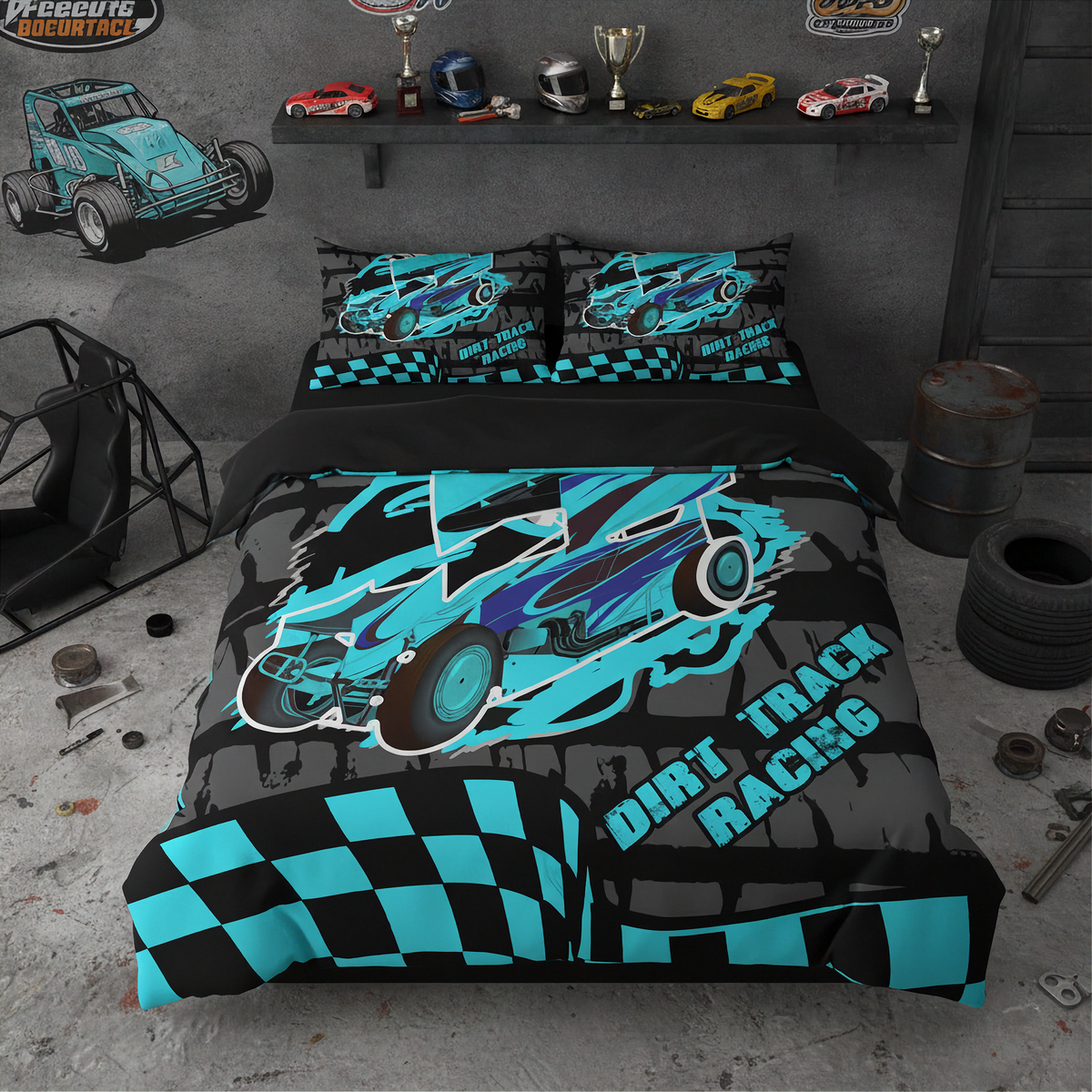 A dirt track racing themed bedding set featuring a duvet cover and two pillowcases with a graphic of a blue and purple race car, checkered flags, and 'DIRT TRACK RACING' text, displayed on a bed in a garage-themed room setting.