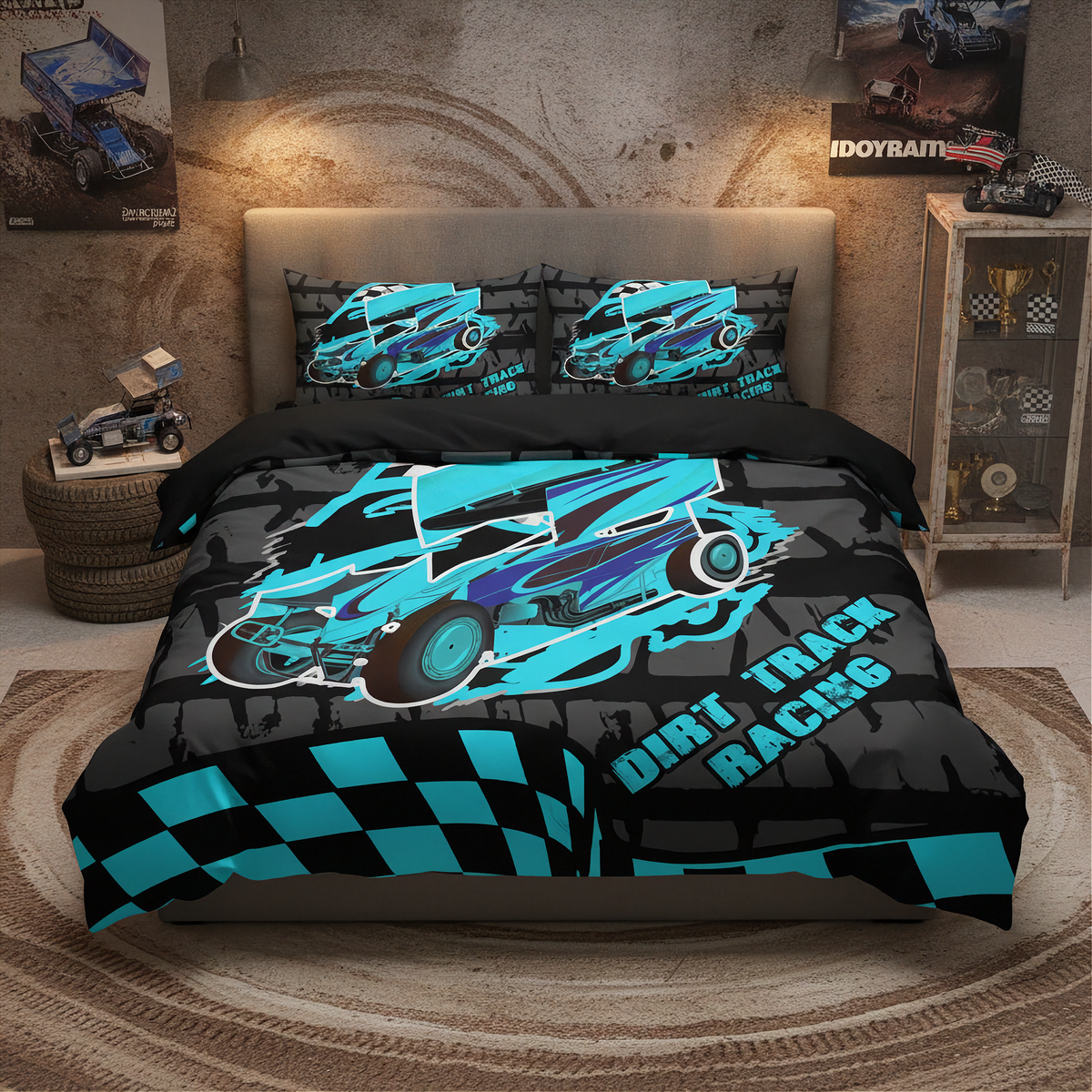 A racing-themed bedding set displayed on a bed in a styled bedroom. The set includes a duvet cover and two pillowcases featuring a graphic of a blue and black dirt track racing car with the words 'DIRT TRACK RACING' and a checkered pattern at the bottom.