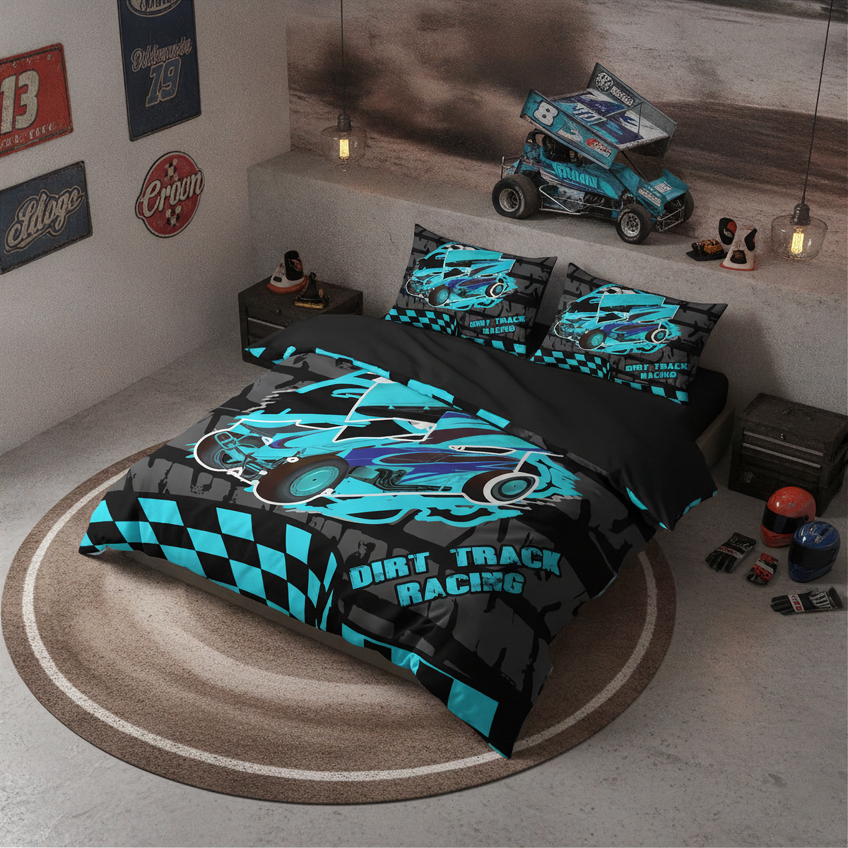 A racing-themed bedding set with a duvet cover and two pillowcases featuring a blue, black, and gray dirt track race car design with checkered patterns. The set is styled in a modern, industrial-themed bedroom with a concrete floor, a round rug, and a racing car model on the headboard.