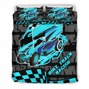 A bedding set featuring a duvet cover and two pillowcases with a vibrant dirt track racing graphic. The design showcases a bright turquoise and blue race car with black and white accents, set against a dark gray background with black and turquoise checkered stripes and the words 'DIRT TRACK RACING'.
