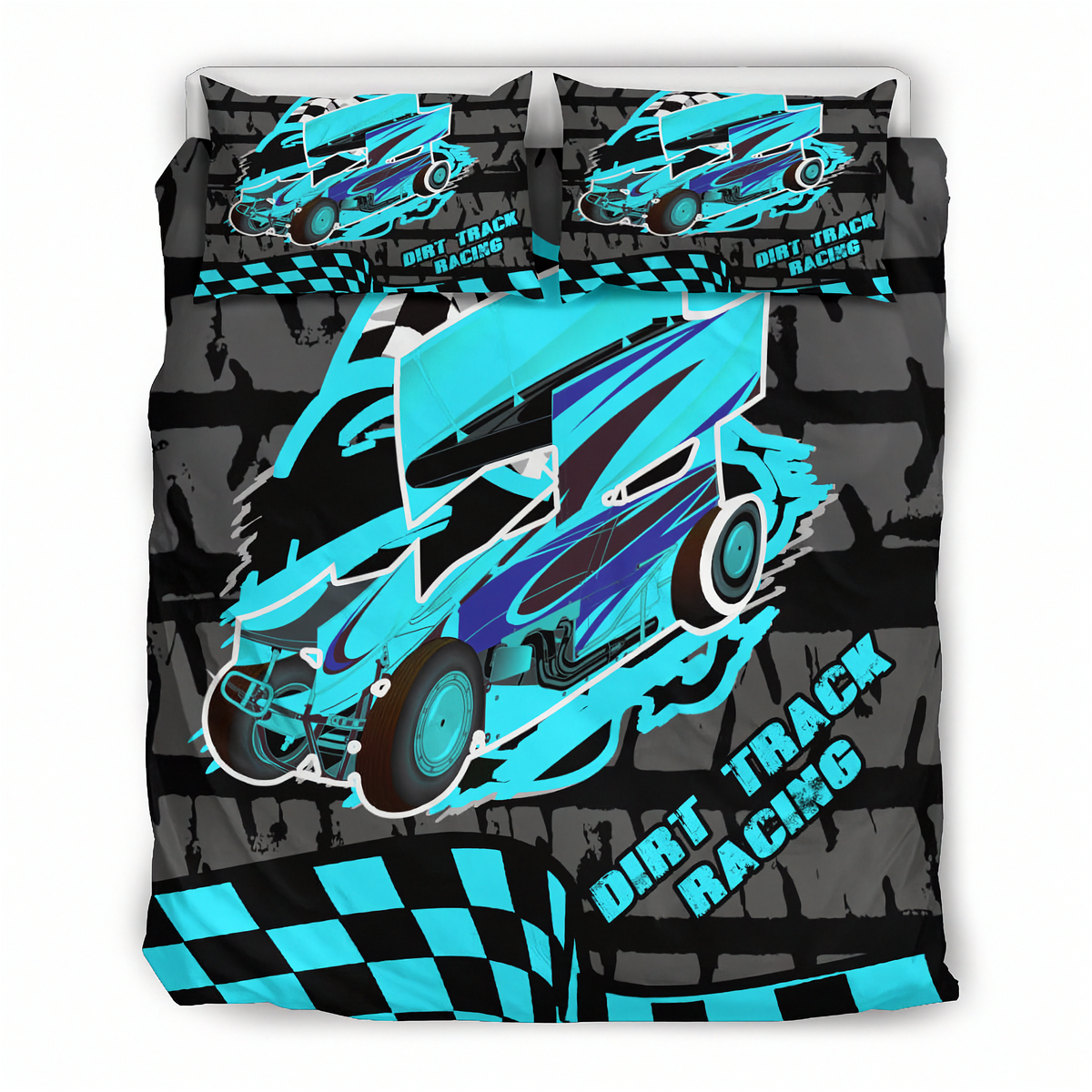A bedding set featuring a duvet cover and two pillowcases with a vibrant dirt track racing graphic. The design showcases a bright turquoise and blue race car with black and white accents, set against a dark gray background with black and turquoise checkered stripes and the words 'DIRT TRACK RACING'.