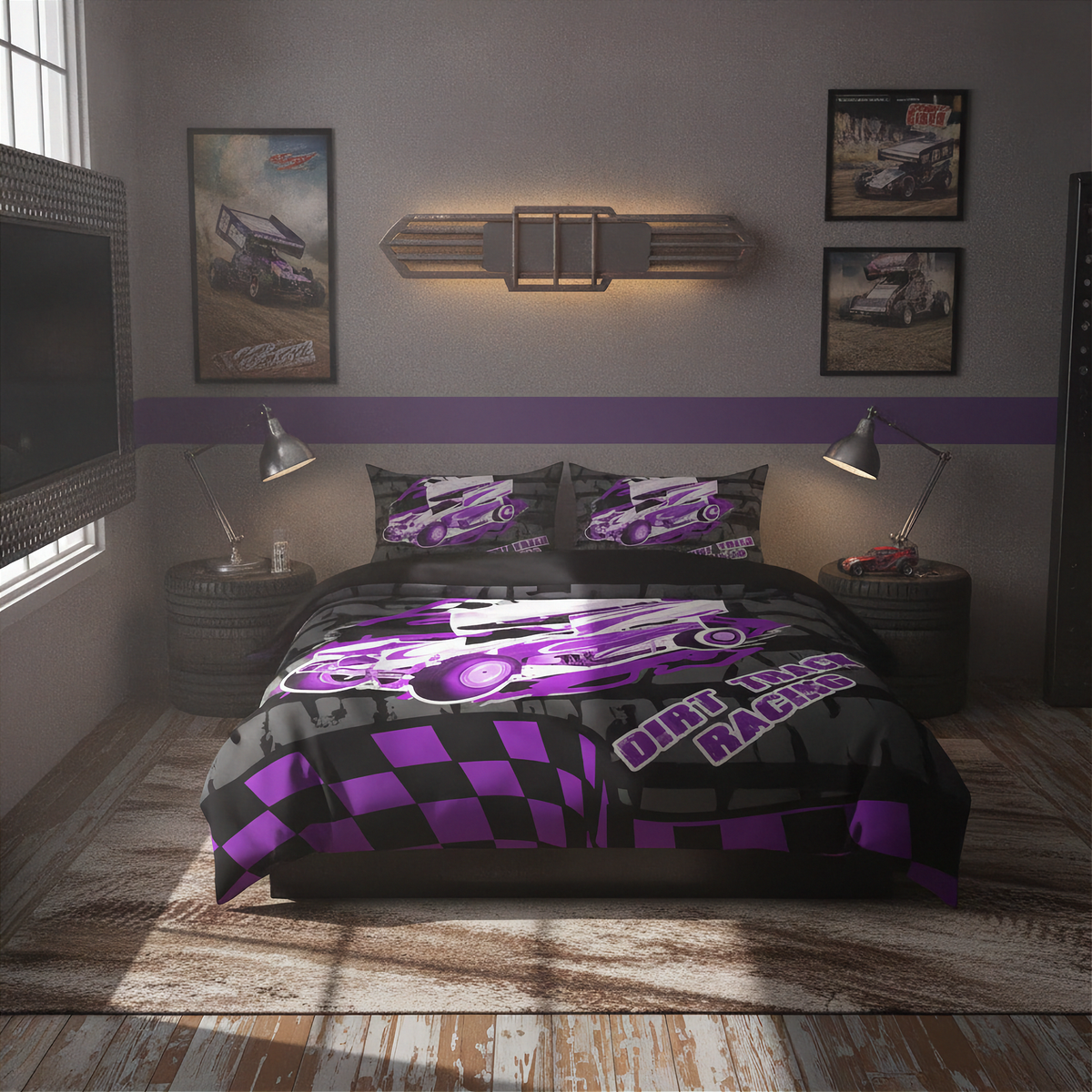 A racing-themed bedding set displayed on a bed in a styled bedroom. The set includes a duvet cover and two matching pillowcases featuring a black and purple checkered pattern, a purple dirt track car graphic, and the text 'Dirt Track Racing'.
