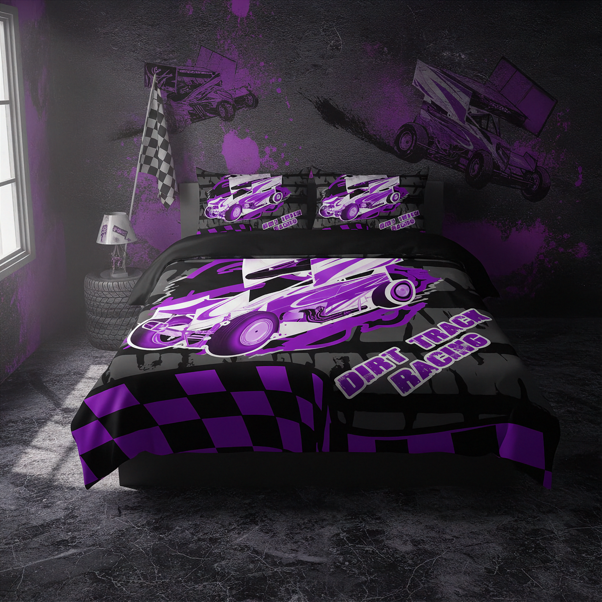 A racing-themed bedding set displayed on a bed in a dark, stylized room. The set includes a duvet cover and two matching pillowcases featuring a purple and white dirt track race car design with 'DIRT TRACK RACING' text and a black-and-purple checkered pattern at the bottom.