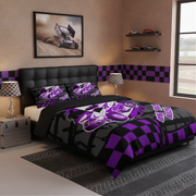 A racing-themed bedding set with a duvet cover and two matching pillowcases, featuring a black and purple checkered pattern and a large purple race car graphic, styled in a modern bedroom setting.