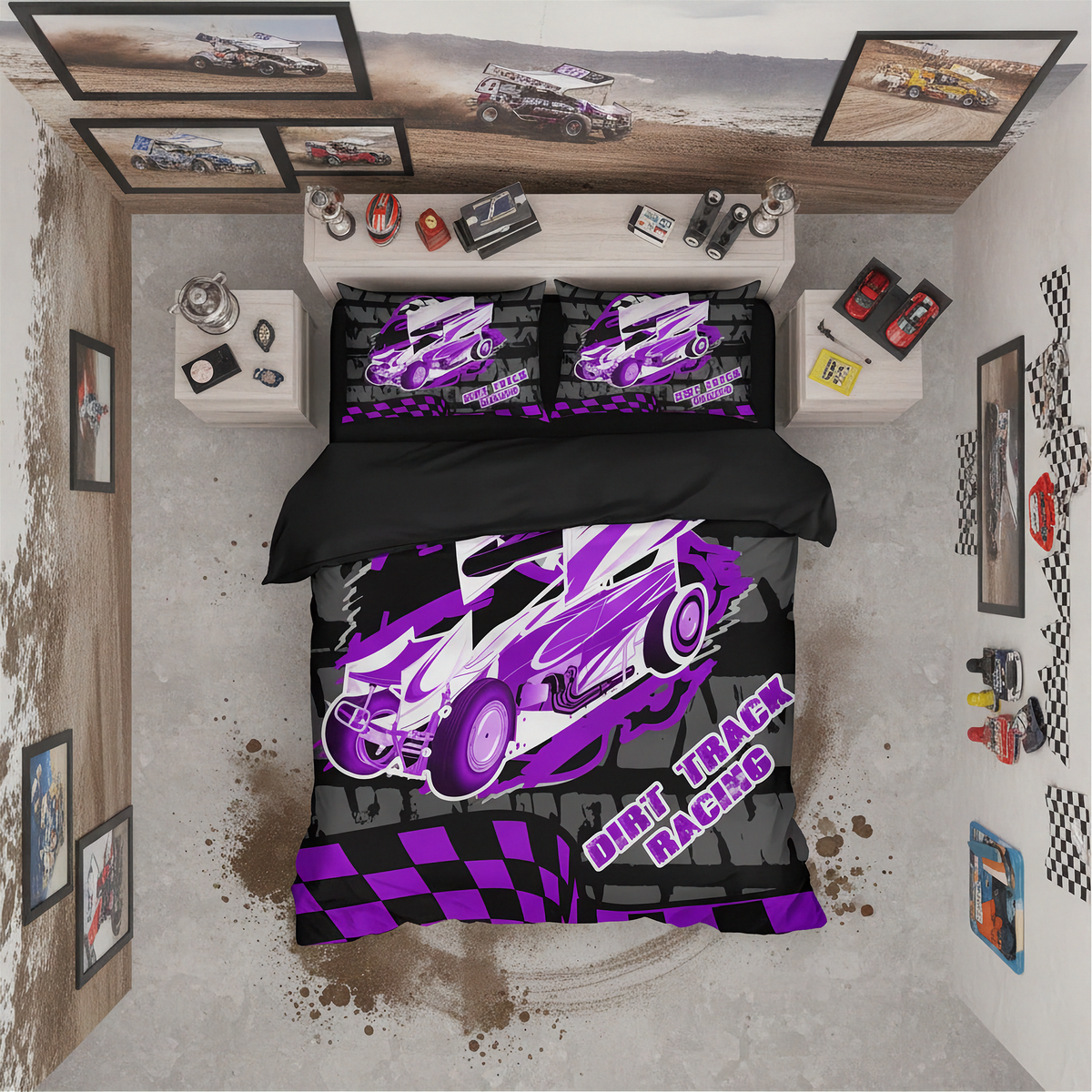 A top-down view of a bed dressed in a custom off-road racing bedding set, shown in a styled bedroom mockup. The bedding features a bold graphic of a purple and white race car with 'DIRT TRACK RACING' text on a black and gray checkered background.