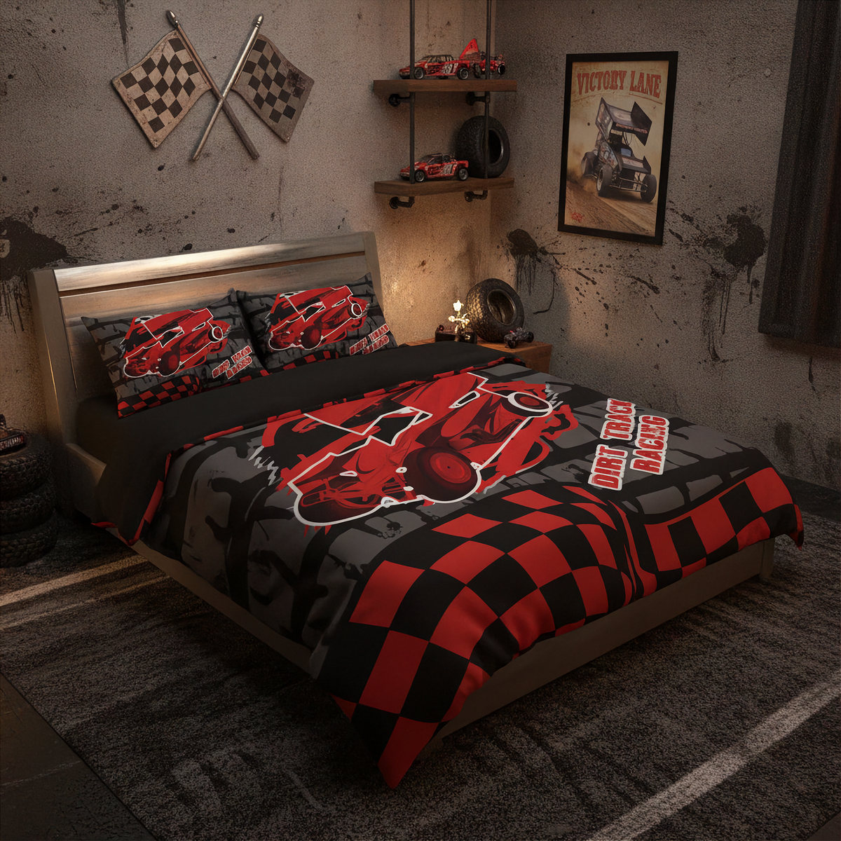 A racing-themed bedding set featuring a red and black checkered duvet cover and matching pillowcases with a large red race car graphic, styled in a dark, gritty bedroom setting.