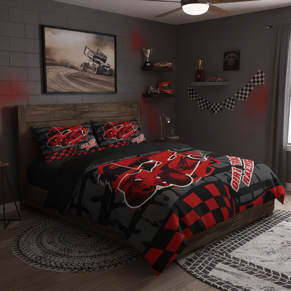 A racing-themed bedding set featuring a red, black, and gray checkered pattern with a large red race car graphic, styled on a bed in a dark gray modern bedroom.