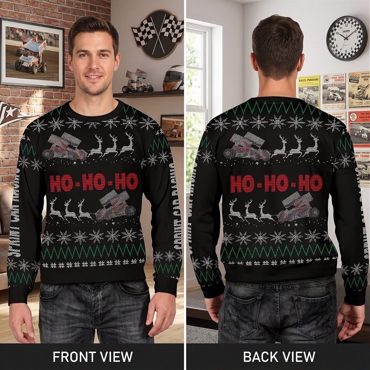 A man modeling a black Christmas sweater shown from both front and back in a split-screen layout. The sweater features a holiday pattern with snowflakes, green zigzags, white reindeer, and red 'HO-HO-HO' text across the chest and back.