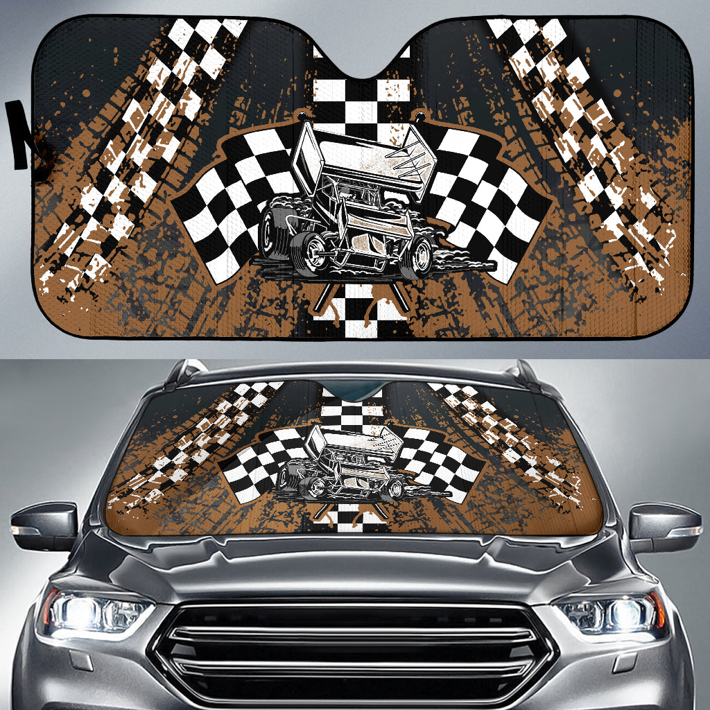 Sprint Car Racing Windshield Sun Shade featuring a high-energy dirt track sprint car design, installed in the front window of a vehicle to block the sun.