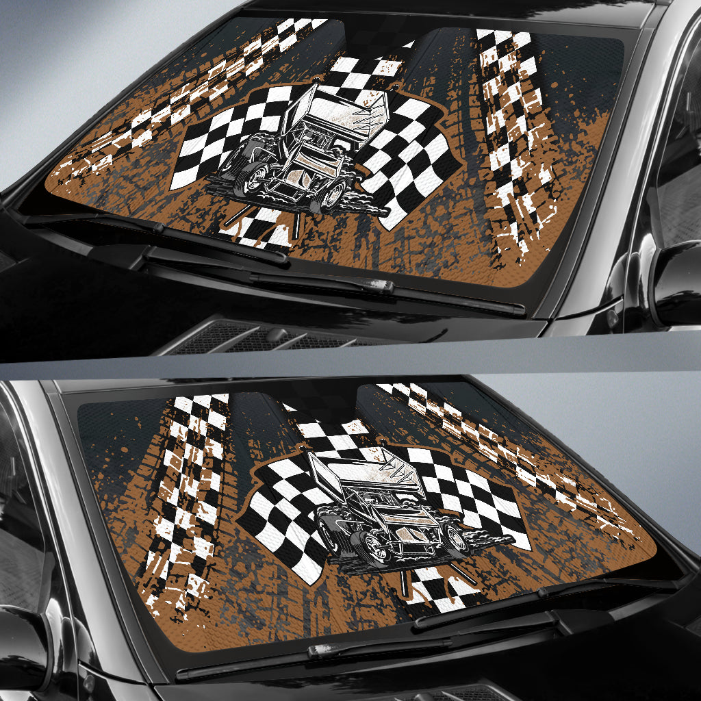 Sprint Car Racing Windshield Sun Shade featuring a high-energy dirt track sprint car design, installed in the front window of a vehicle to block the sun.