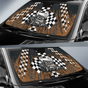 Sprint Car Racing Windshield Sun Shade featuring a high-energy dirt track sprint car design, installed in the front window of a vehicle to block the sun.