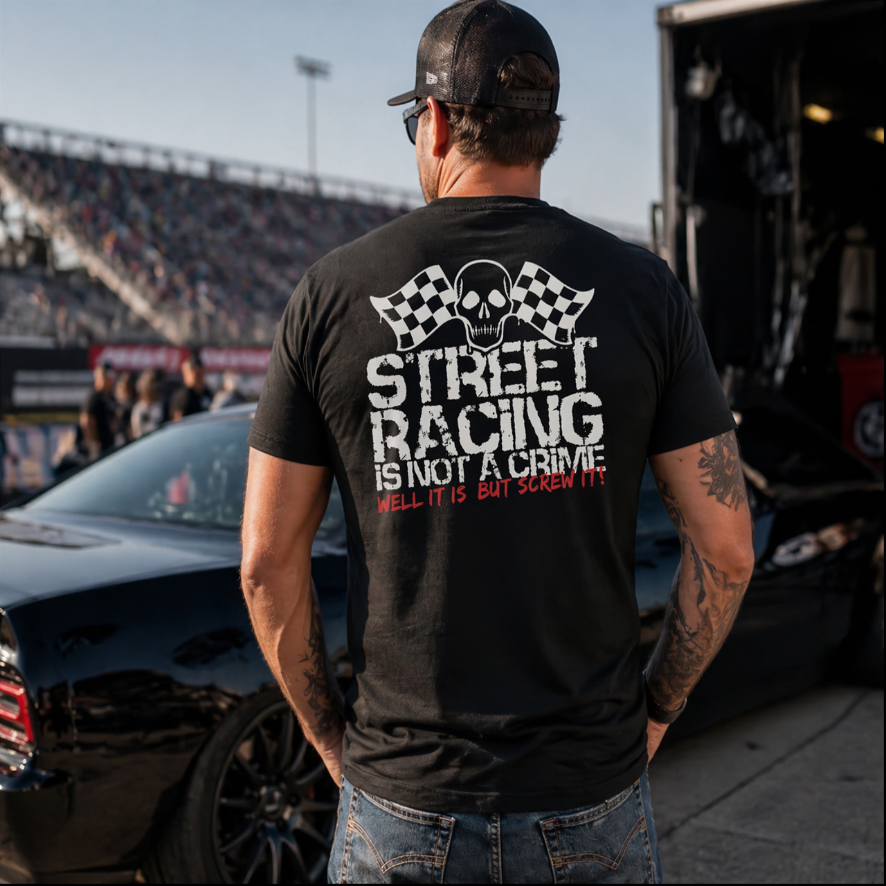 "Street Racing Is Not A Crime Well It Is But Screw It" apparel collection featuring premium men's t-shirts, modern tanks, and heavy-duty fleece hoodies for car enthusiasts.