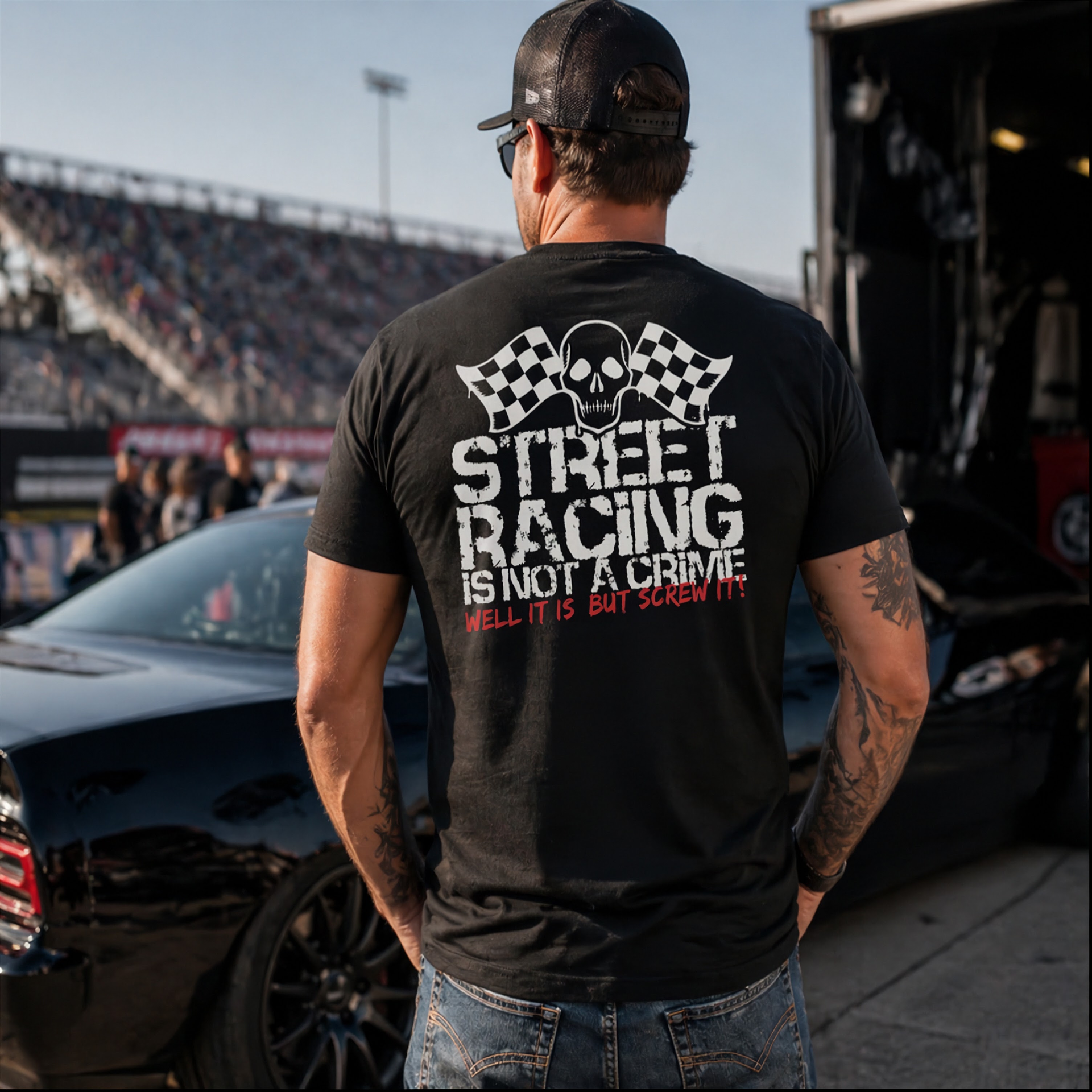 "Street Racing Is Not A Crime Well It Is But Screw It" apparel collection featuring premium men's t-shirts, modern tanks, and heavy-duty fleece hoodies for car enthusiasts.
