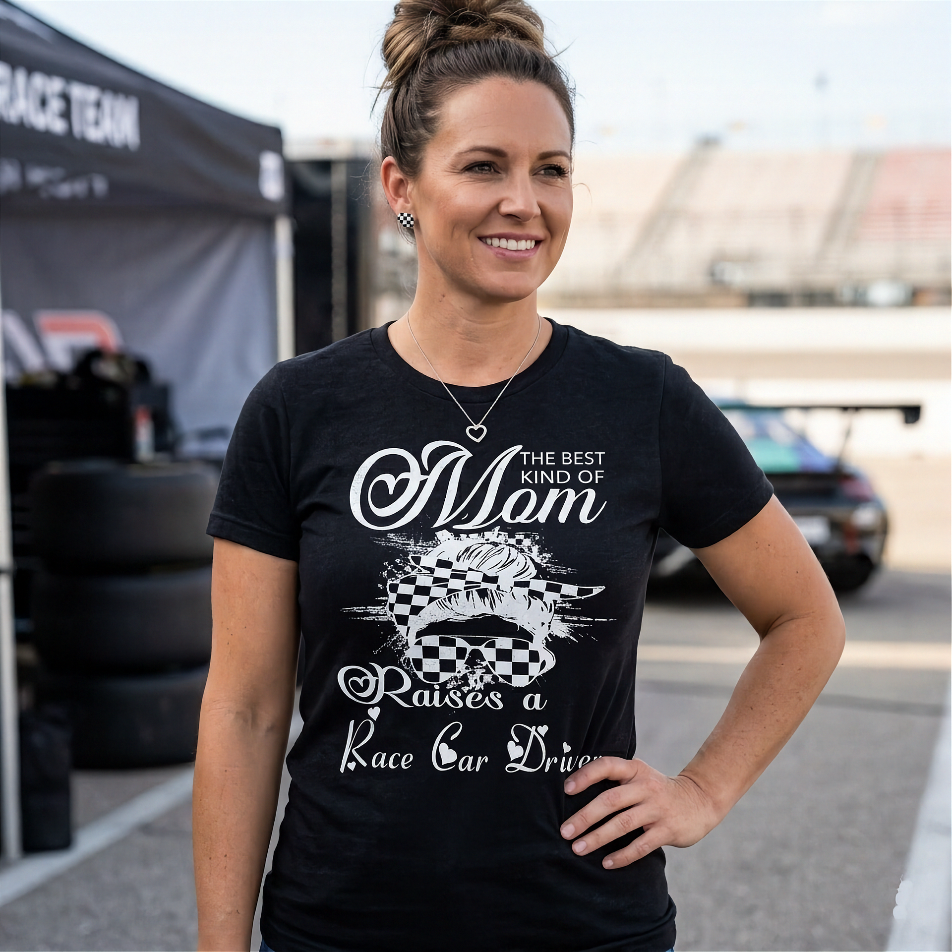 "The Best Kind Of Mom Raises A Race Car Driver" apparel collection featuring premium women's t-shirts, lightweight racerback tanks, and cozy fleece hoodies for racing families.