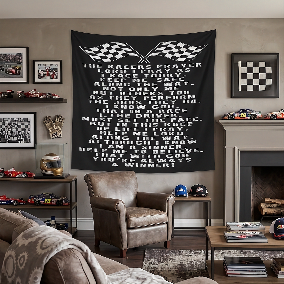 Black Racer’s Prayer tapestry with crossed checkered flags displayed beside a fireplace in a room filled with racing memorabilia