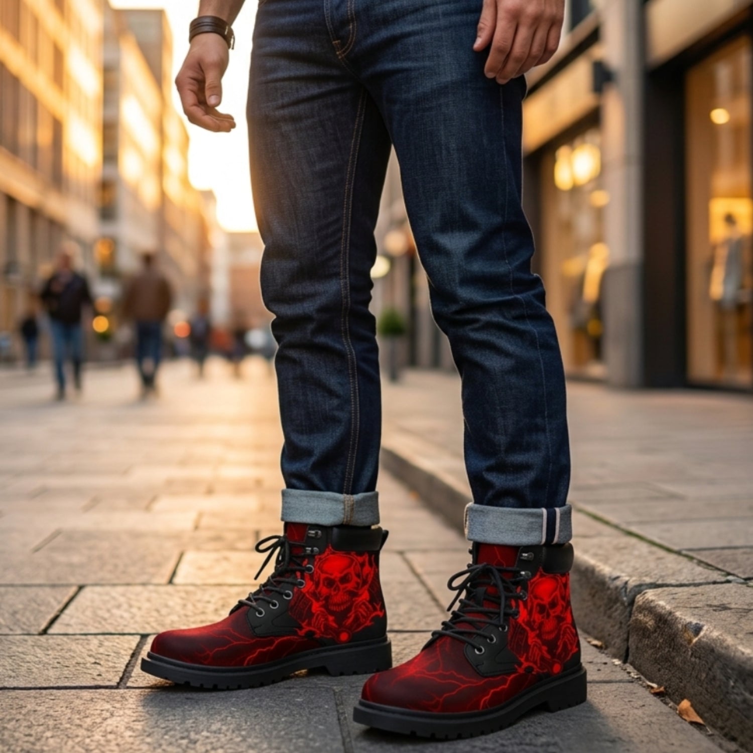 Thunder Skull Piston All-Season Boots featuring a double-sided skull and piston graphic on water-resistant micro-suede with memory foam insoles and a durable steel shank rubber outsole.