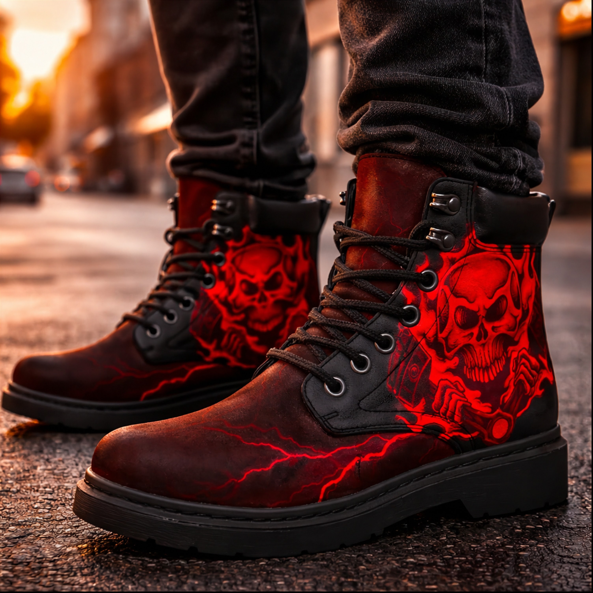Thunder Skull Piston All-Season Boots featuring a double-sided skull and piston graphic on water-resistant micro-suede with memory foam insoles and a durable steel shank rubber outsole.
