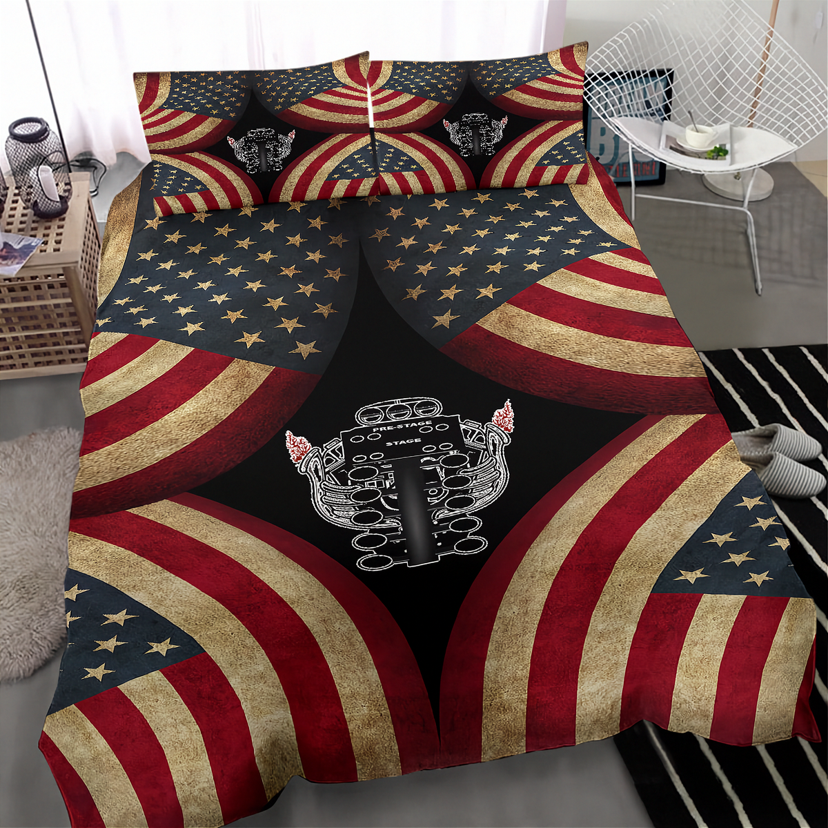 A bedding set featuring a duvet cover and matching pillowcases with a distressed American flag design, split into curved sections over a black background with a central engine graphic. The set is displayed on a bed in a modern bedroom setting.