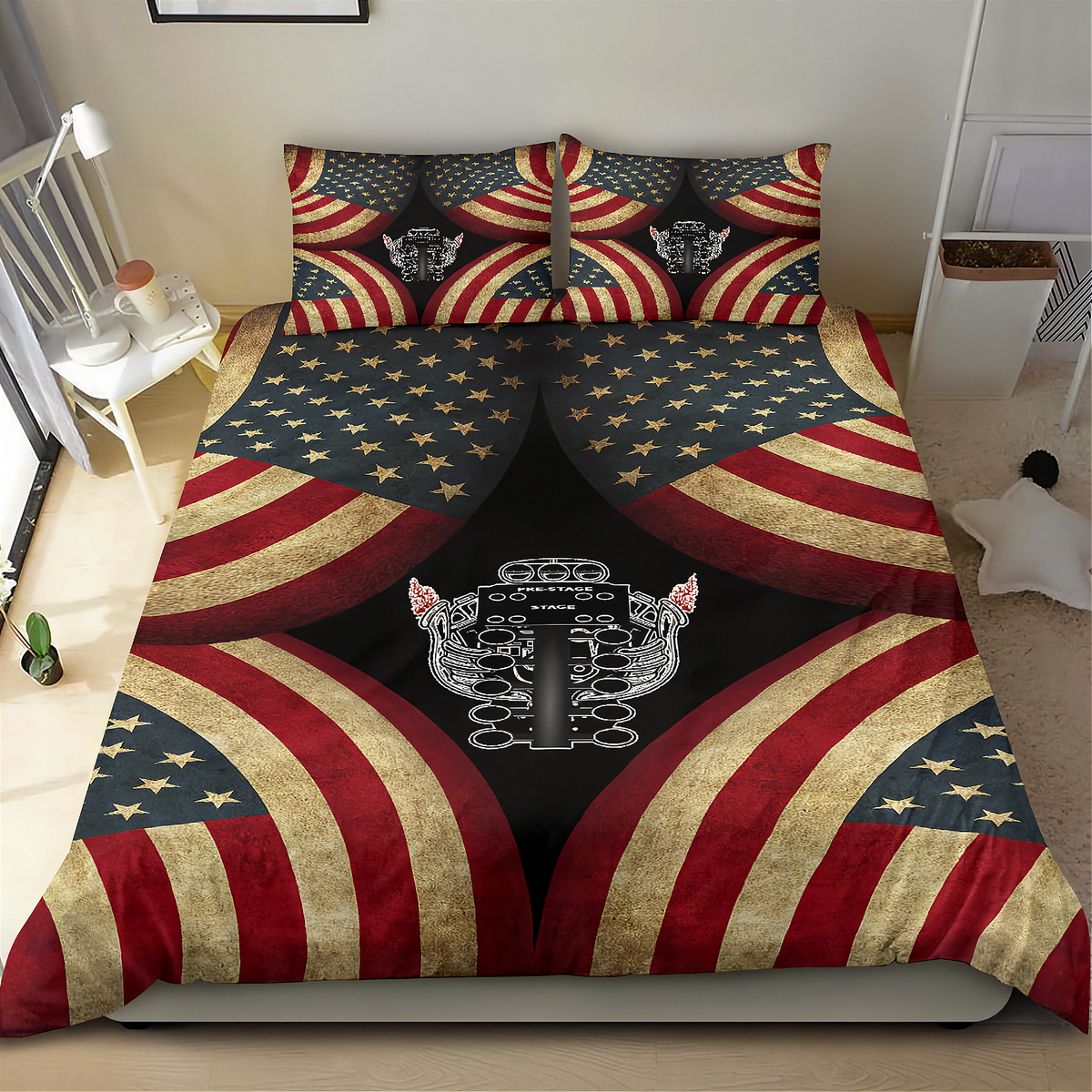 A bed dressed with a patriotic-themed bedding set featuring a distressed American flag pattern and a central black panel with a silver mechanical key graphic, shown in a bedroom setting.