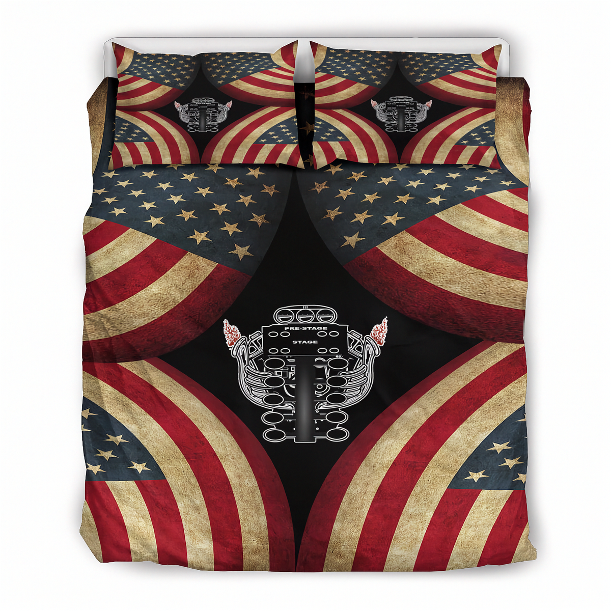 A bedding set featuring a duvet cover and two matching pillowcases with a symmetrical design of distressed American flags and a central metallic engine block graphic on a black background.