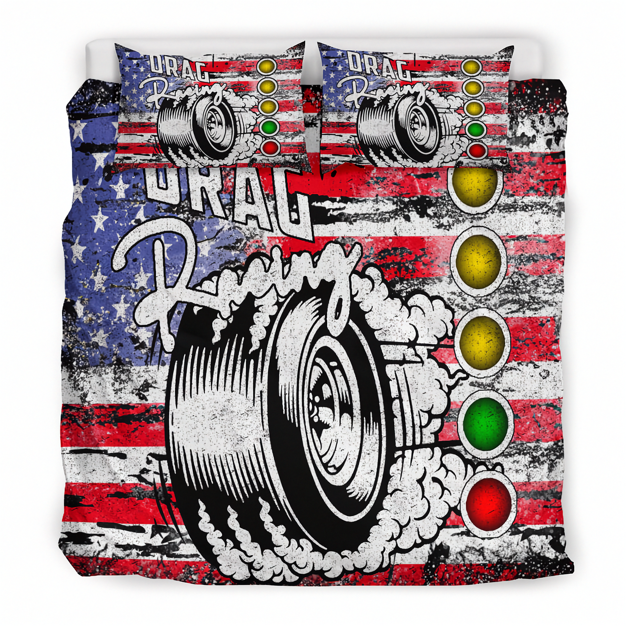 Bedding set with drag racing design featuring American flag and turbocharger on a white background