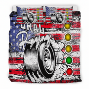 Bedding set with drag racing design featuring American flag and turbocharger on a white background